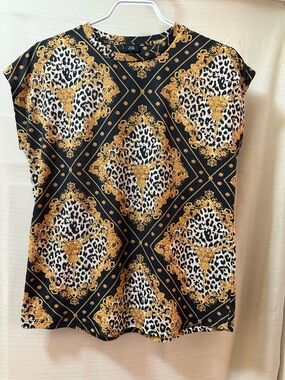 River Island Baroque Leopard Print Top Black Gold Short Sleeve Size 8